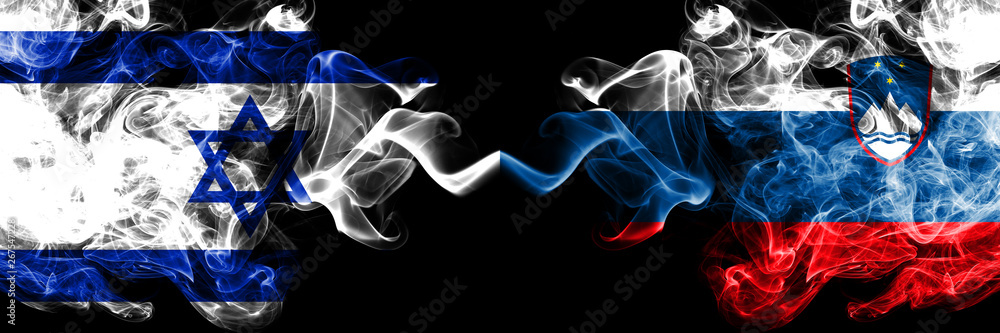 Fototapeta premium Israel vs Slovenia, Slovenian smoky mystic flags placed side by side. Thick colored silky smokes flag of Israel and Slovenia, Slovenian