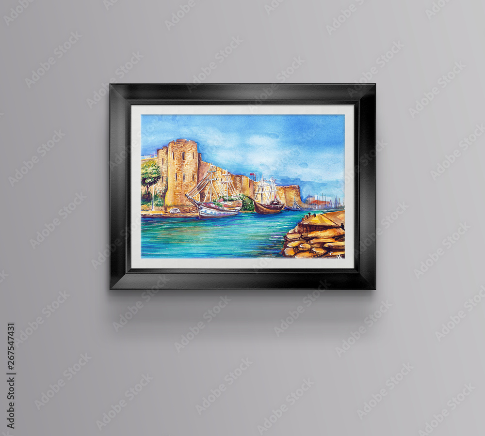 Fototapeta premium Cyprus kirenia castle watercolor art illustration