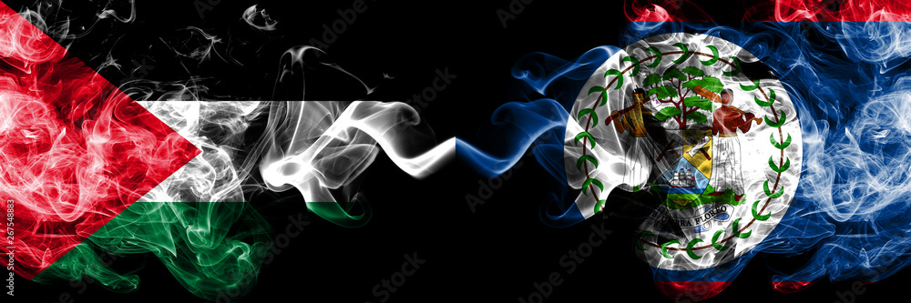 Palestine vs Belize, Belizean smoky mystic flags placed side by side. Thick colored silky smokes flag of Palestinians and Belize, Belizean