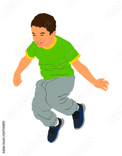 Happy joyful kid, little boy doing exercises vector illustration isolated on white background. Boy jumping and playing funny game. Spread hands widespread open position. Smiling child enjoy trampoline