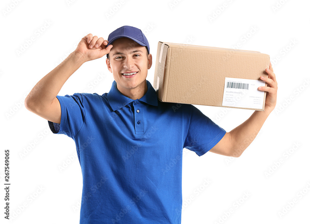 Delivery man with box on white background Delivery man with box on white background
