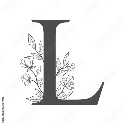 Uppercase Letter L with flowers and branches. Vector flowered monogram or logo. Hand Drawn concept. Botanical design branding. Composition of letter and flowers for wedding card, invitations, brand