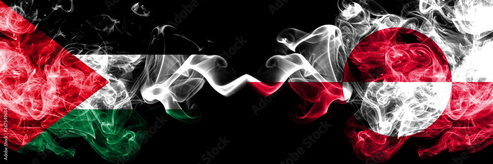 Palestine vs Greenland smoky mystic flags placed side by side. Thick colored silky smokes flag of Palestinians and Greenland