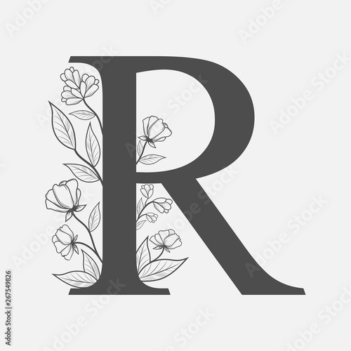 Uppercase Letter R with flowers and branches. Vector flowered monogram or logo. Hand Drawn concept. Botanical design branding. Composition of letter and flowers for wedding card, invitations, brand