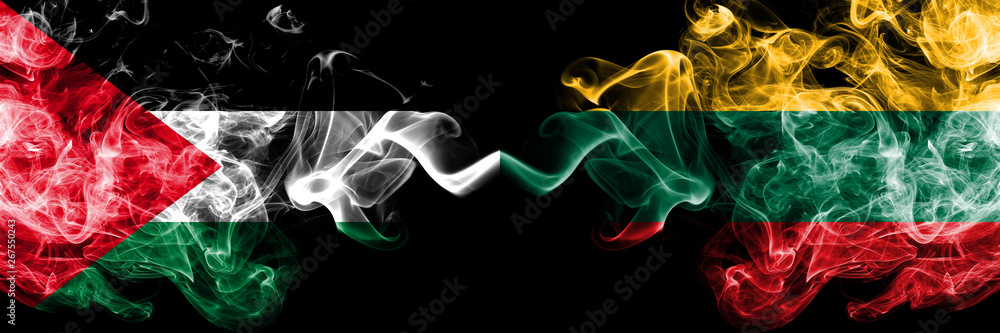 Palestine vs Lithuania, Lithuanian smoky mystic flags placed side by side. Thick colored silky smokes flag of Palestinians and Lithuania, Lithuanian