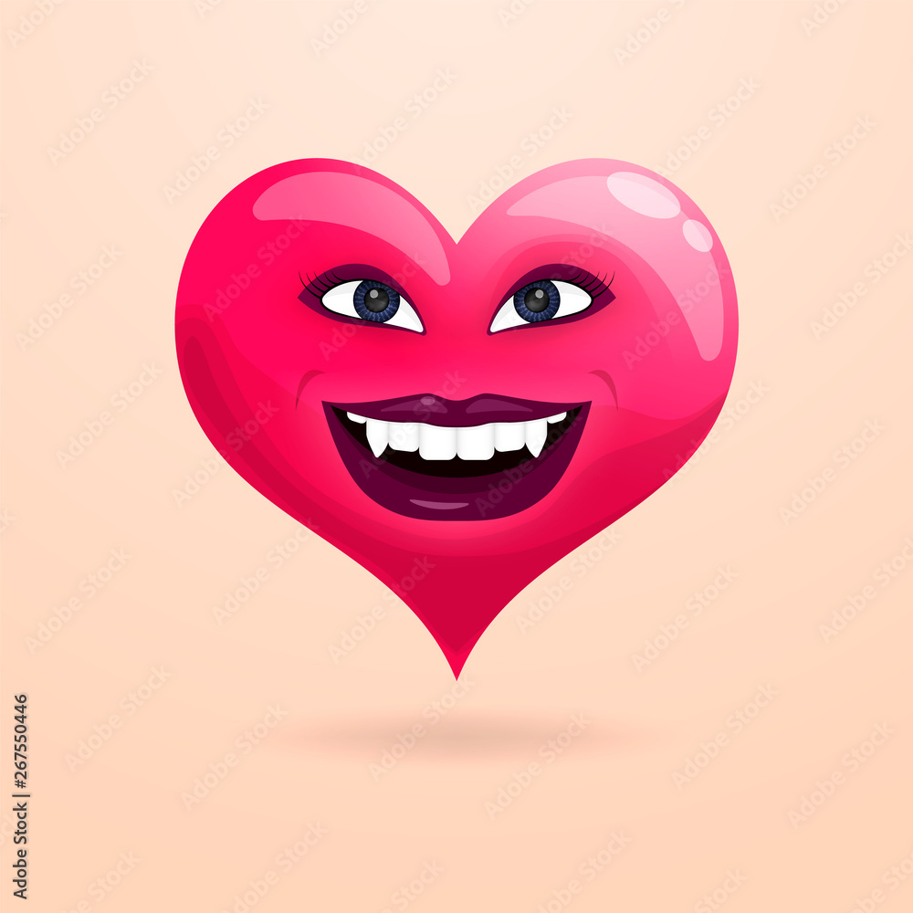 A beautiful heart smiles showing teeth with fangs. Vector illustration. A beautiful heart smiles showing teeth with fangs. Vector illustration.