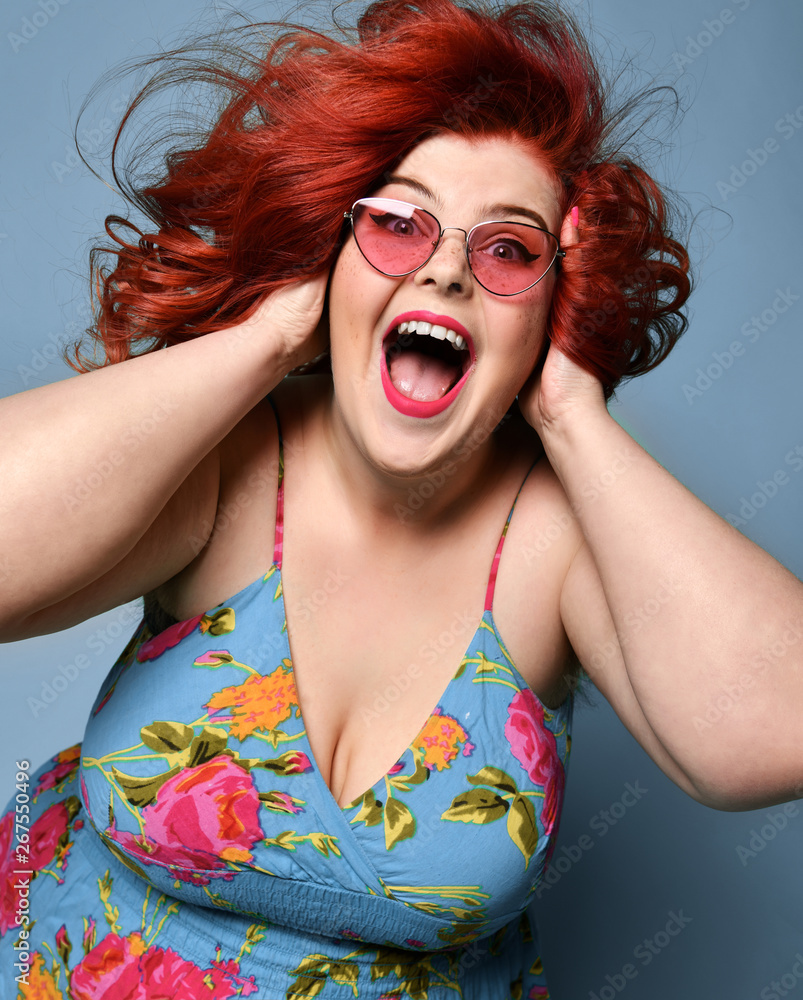 Surprised overweight fat woman happy laughing smiling screaming having good  time crazy shopping sale Stock Photo | Adobe Stock