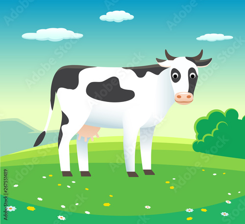Rural landscape with cow in meadow, vector - background illustration for dairy products