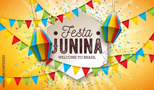 Festa Junina Illustration with Party Flags and Paper Lantern on Yellow Background. Vector Brazil June Festival Design for Greeting Card, Invitation or Holiday Poster. photo