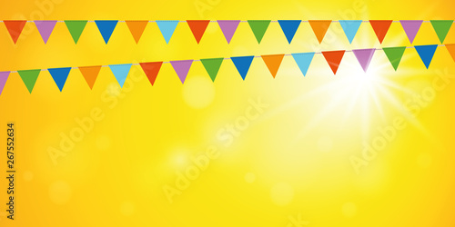 colorful party flags on yellow sunny background vector illustration EPS10