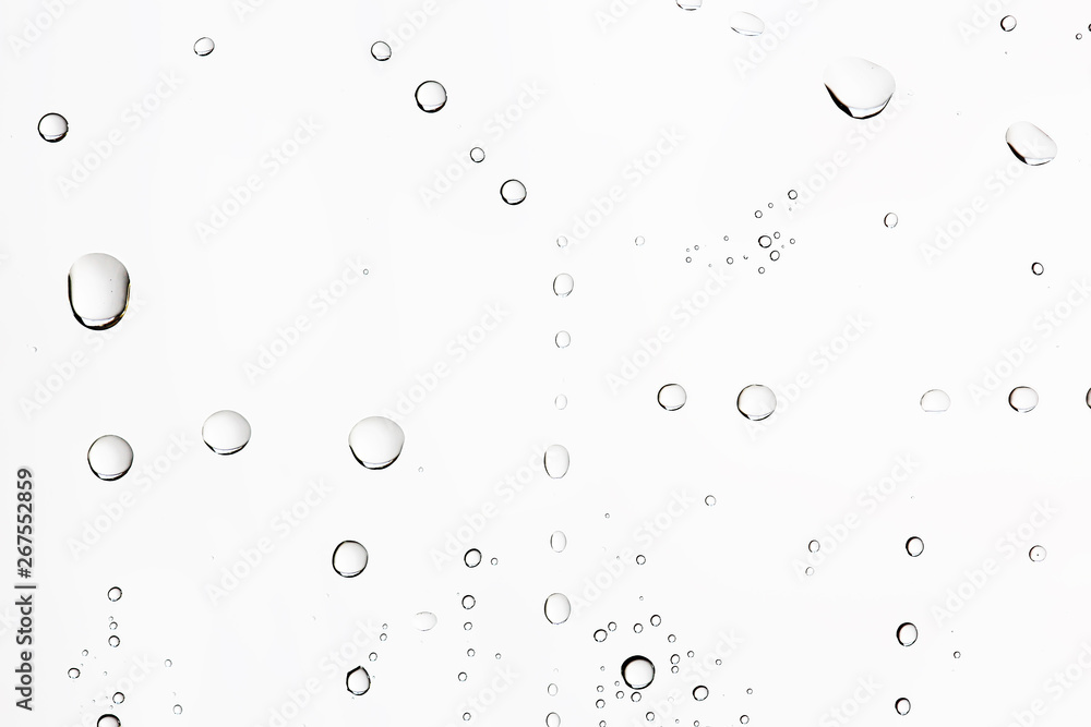 white isolated background water drops on the glass / wet window glass with splashes and drops of water and lime, texture autumn background - obrazy, fototapety, plakaty 