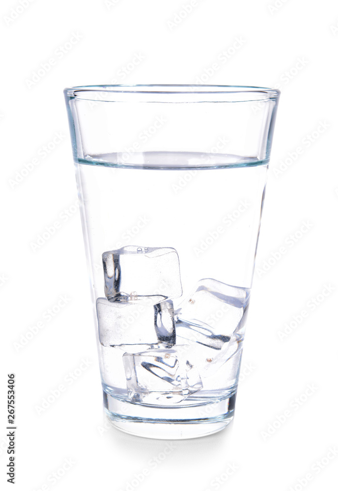 Glass of fresh water with ice cubes on white background Glass of fresh water with ice cubes on white background