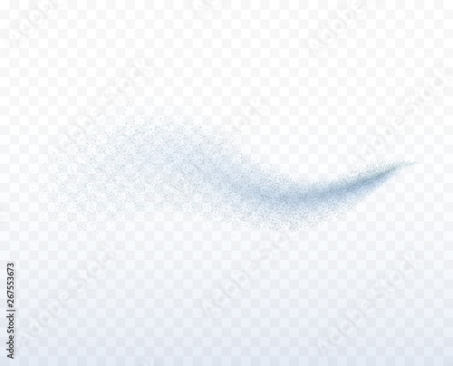 Spray effect isolated on transparent background. Blue water wave, air freshener, shower template. Vector mist or fog particles stream.