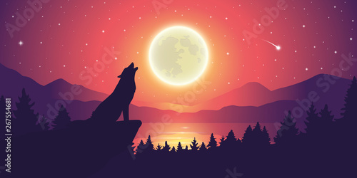 wolf is howling to the moon by the lake at starry sky vector illustration EPS10