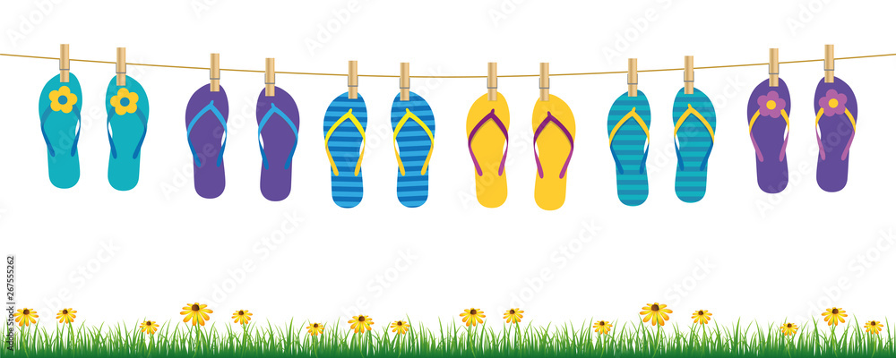 colorful flip flops hanging on a rope on white background with grass and flowers summer holiday design vector illustration EPS10 colorful flip flops hanging on a rope on white background with grass and flowers summer holiday design vector illustration EPS10