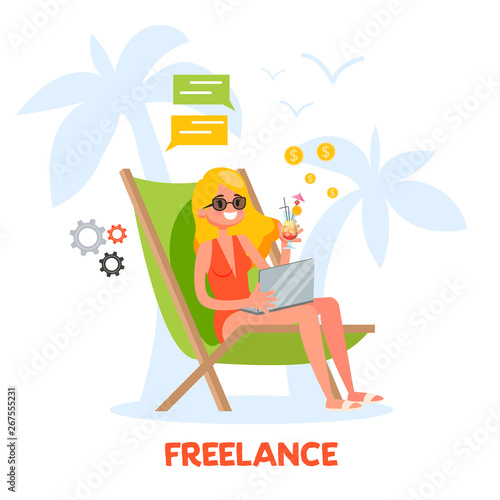 Freelance concept. Woman sitting on the chaise lounge