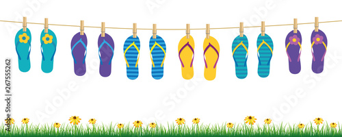 colorful flip flops hanging on a rope on white background with grass and flowers summer holiday design vector illustration EPS10