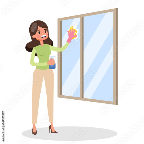 Woman clean the window in the gloves. Sponge and bucket