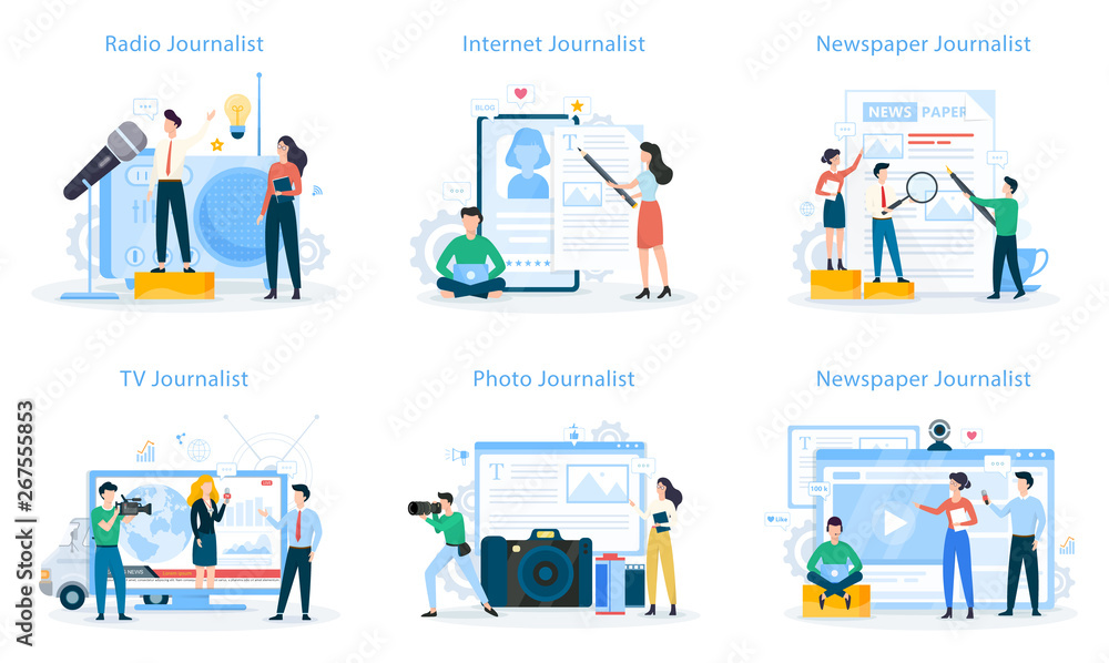 Journalist set. TV reporter with microphone. Mass media Journalist set. TV reporter with microphone. Mass media