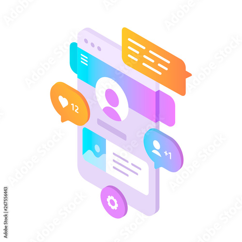 Concept of user profile page. Personal social media homepage. Vector illustration of user interface. Isometric style