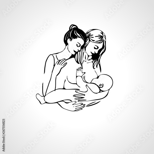 Gay lesbian couple with a baby. Hand drawn illustration
