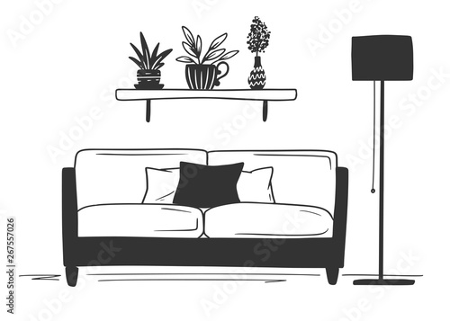 Interior in Scandinavian style. Part of the room. Hand drawn vector illustration