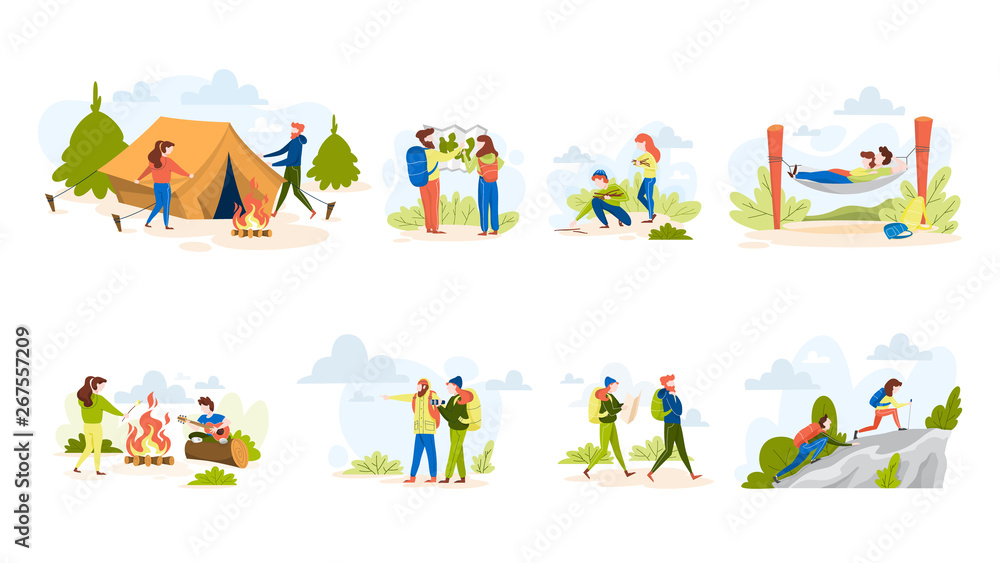 People hiking set. Making tent and sitting at the campfire