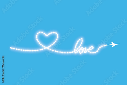The aircraft and its track in the form of a strip of shiny LED strip in the shape of a heart on a blue background. Vector illustration. The flight path of the aircraft and its route