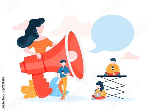 Little people standing around a giant megaphone.