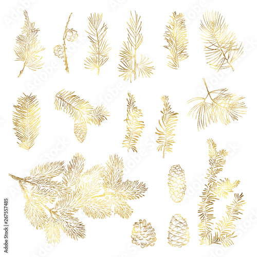Set vector christmas golden branch and bumps with foil texture on white background