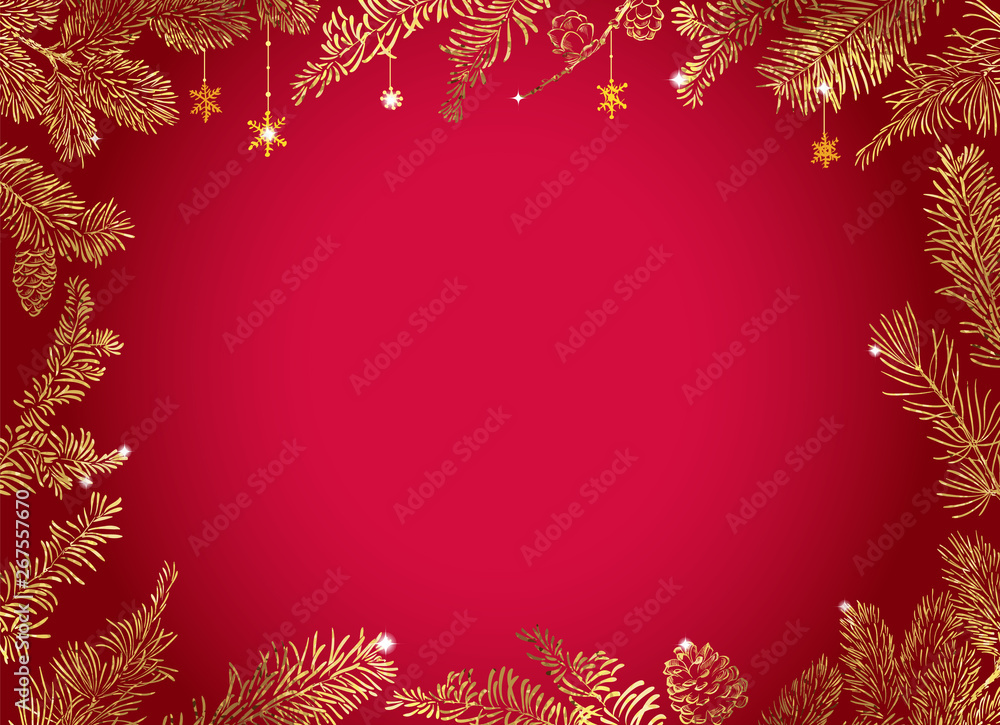 Christmas Poster - Illustration. Vector illustration of Christmas red Background with golden branches of christmas tree. Christmas Poster - Illustration. Vector illustration of Christmas red Background with golden branches of christmas tree.