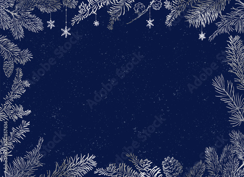Christmas Poster - Illustration. Vector illustration of Christmas blue Background with silver branches of christmas tree.