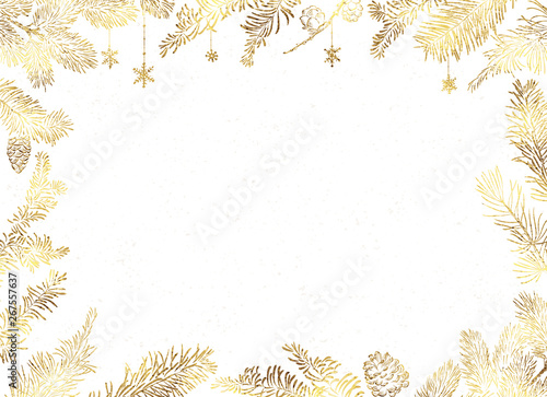 Christmas Poster - Illustration. Vector illustration of Christmas white Background with golden branches of christmas tree.