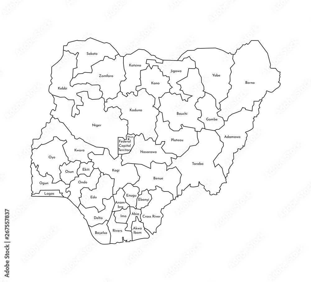 Vector isolated illustration of simplified administrative map of Nigeria. Borders and names of the regions. Black line silhouettes
