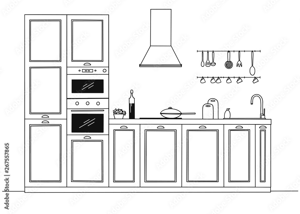 Sketch of the kitchen front view. Vector Sketch of the kitchen front view. Vector