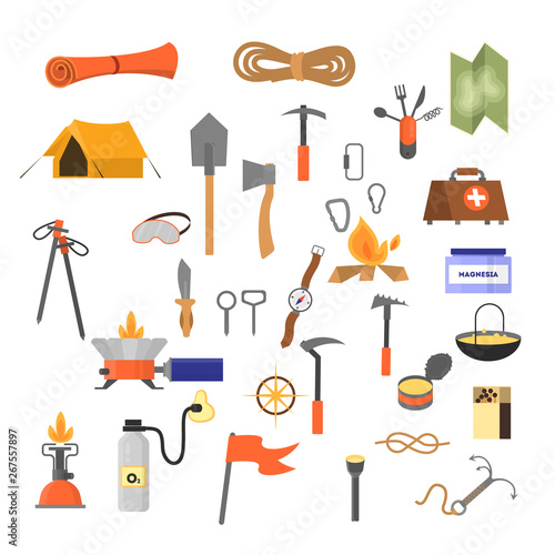 Mountain climber equipment set. Active and extreme lifestyle.