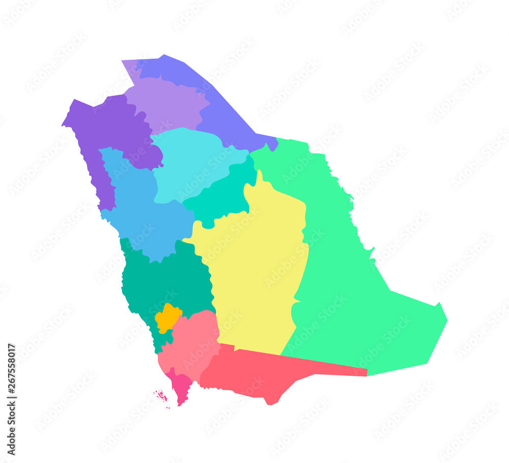 Vector isolated illustration of simplified administrative map of Saudi Arabia. Borders of the regions. Multi colored silhouettes