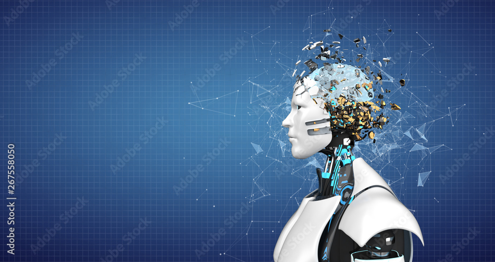 Humanoid Robot Splintered Head Brain - obrazy, fototapety, plakaty 