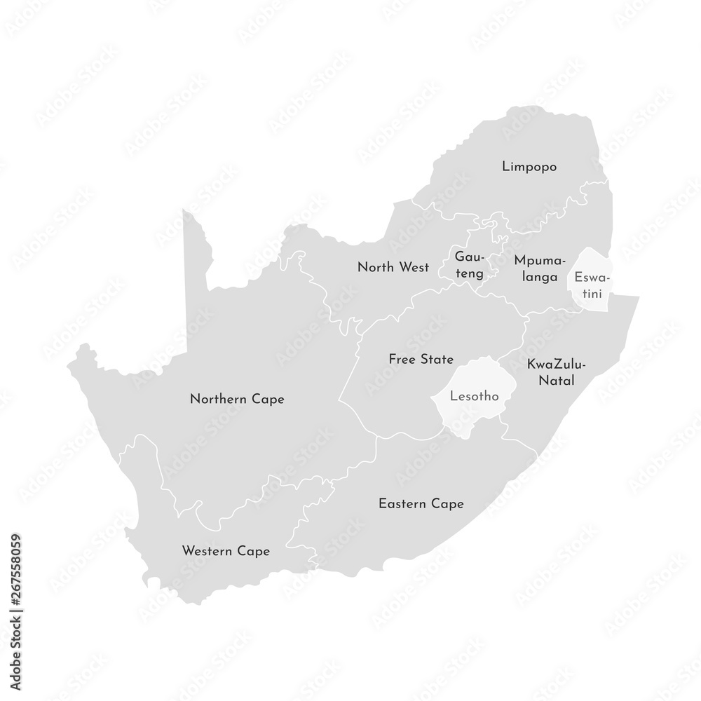 Vector isolated illustration of simplified administrative map of South Africa. Borders and names of the provinces (regions). Grey silhouettes. White outline