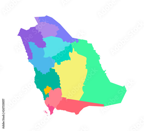 Vector isolated illustration of simplified administrative map of Saudi Arabia. Borders of the regions. Multi colored silhouettes