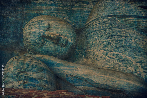 Obraz na plátně HDR Closeup Stone Sleeping Statue of Lord Buddha in Gal Viharaya, Polonnaruwa Sr