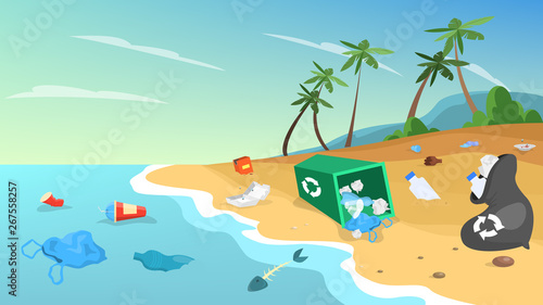 Nature pollution. Garbage and trash on the beach, danger