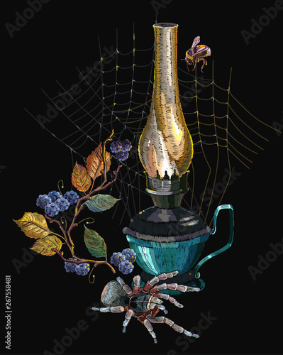 Embroidery kerosene lamp, tarantula spider and blackberry. Night fairy tale art. Camping lantern. Fashion outdoor template of clothes, t-shirt design