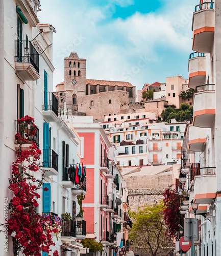 View of the whites streets of the old city of Ibiza called Dalt Vila and the cathedral Virgen de las Nieves photo