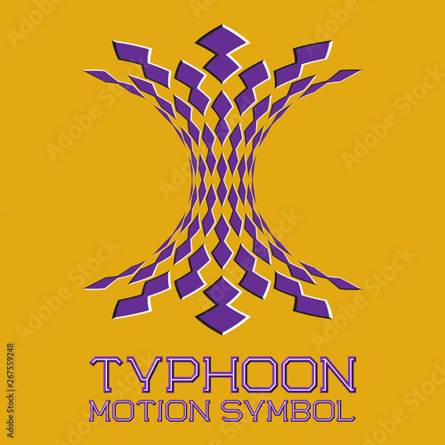 Abstract logo symbol in motion typhoon shape on yellow background. Purple emblem with moving blocks.