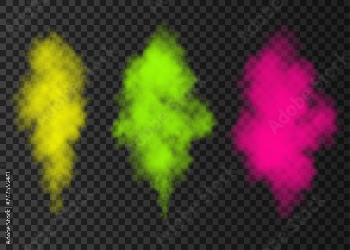 Yellow, green, pink  smoke explosion special effect  isolated on transparent background.