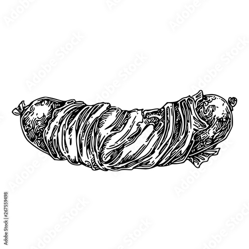 Bacon wrapped sausage. Sketch. Engraving style. Vector illustration.