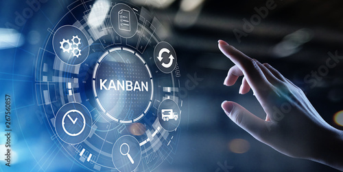 Kanban work flow process management system concept on virtual screen.