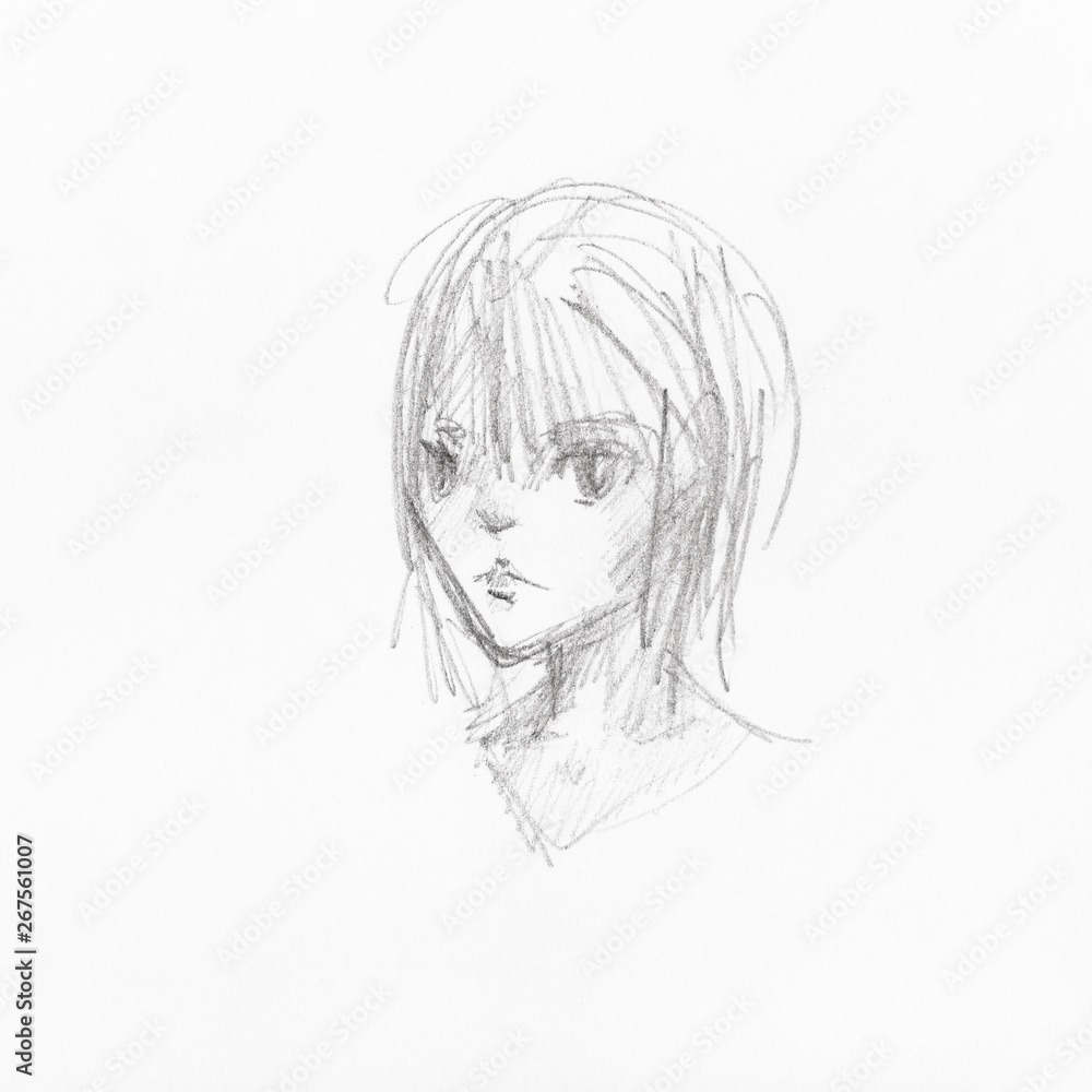 sketch of head of girl with disheveled hair