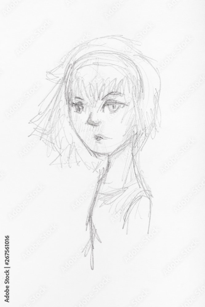 sketch of girl with hair fluttering in wind
